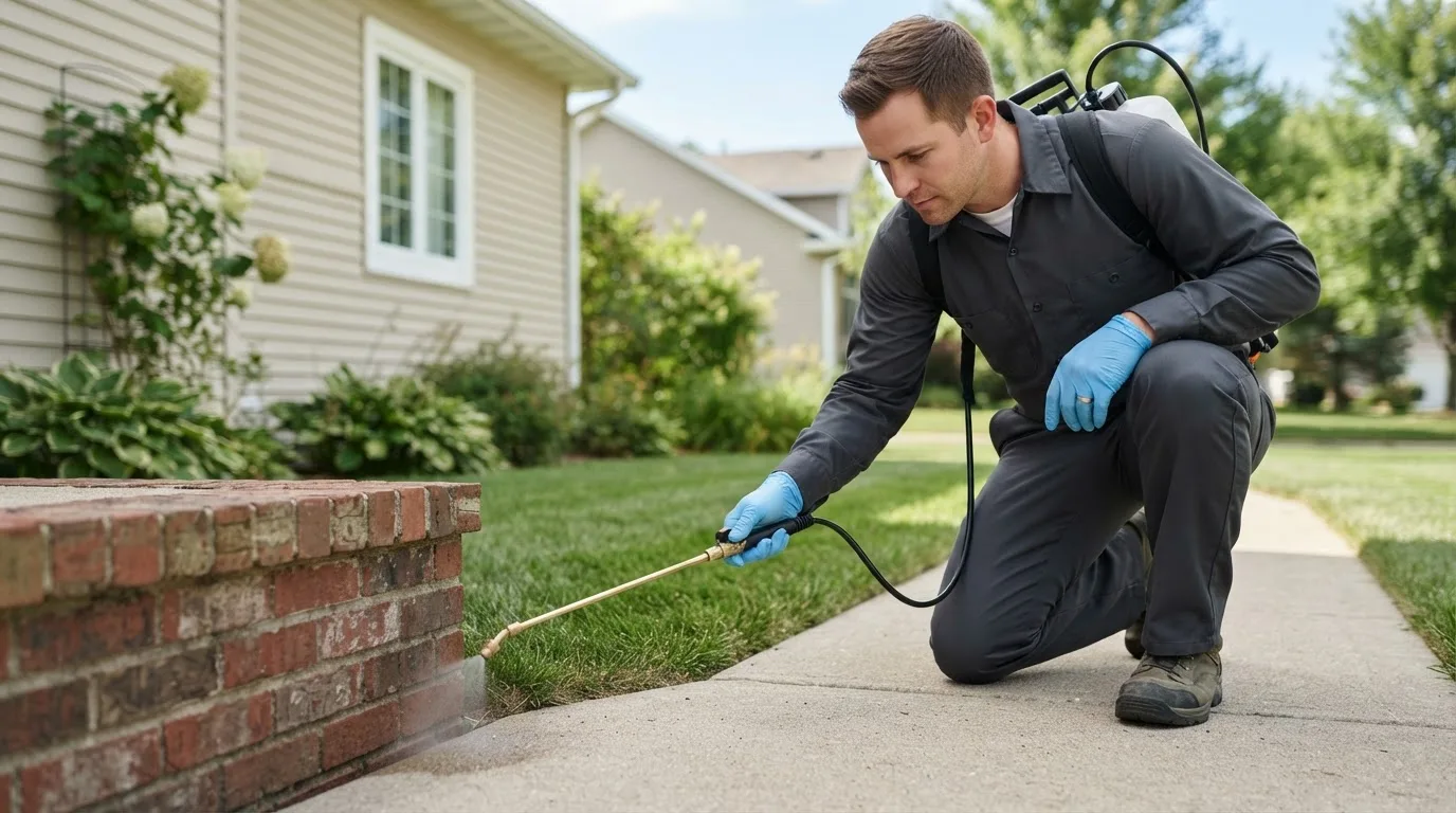 Pest control technician treating a home near Burlington, KS